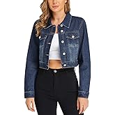 PEIQI Women’s Cropped Jean Denim Jacket Button Down Long Sleeve with Pockets