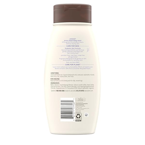 AVEENO STRESS RELIEF BODY WASH WITH NOURISHING OAT & LAVENDER SCENT FOR SENSITIVE SKIN, GENTLY CLEANSES & HELPS YOU FEEL CALM & RELAXED IN THE SHOWER, SOAP-FREE, 18 FL. OZ