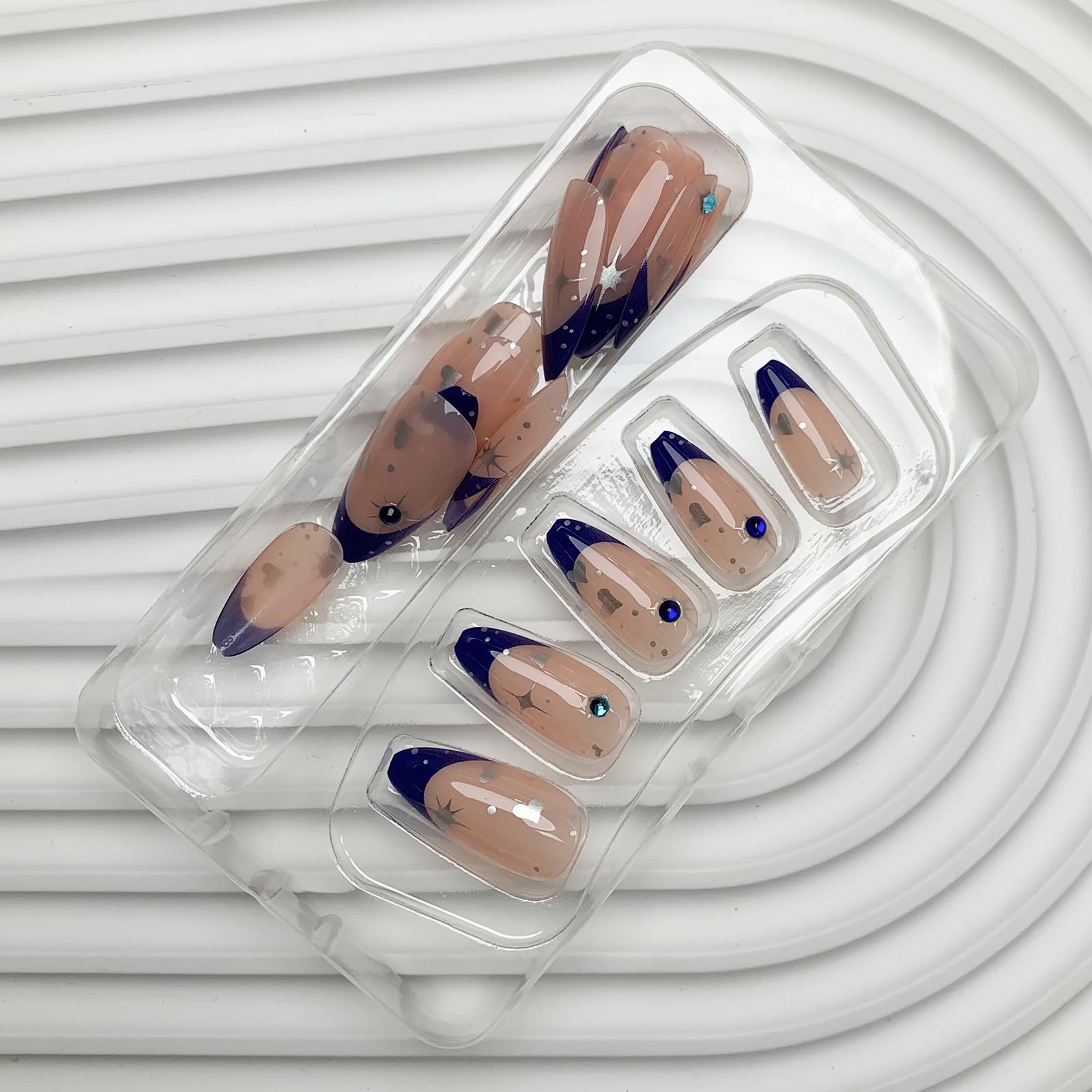 French Tip Press on Nails Medium Almond Fake Nails Blue Nails Tips Star Acrylic Nails with Rhinestone Glue on Nails Glossy Stick on Nails Artificial False Nails for Women Girls 24 Pcs - Image 5