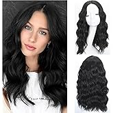 QJBMHH Black Wigs for Women 18 Inch Medium Length Short Wavy Wig Middle Part Synthetic Heat Resistant Natural Looking for Daily Party Halloween Use