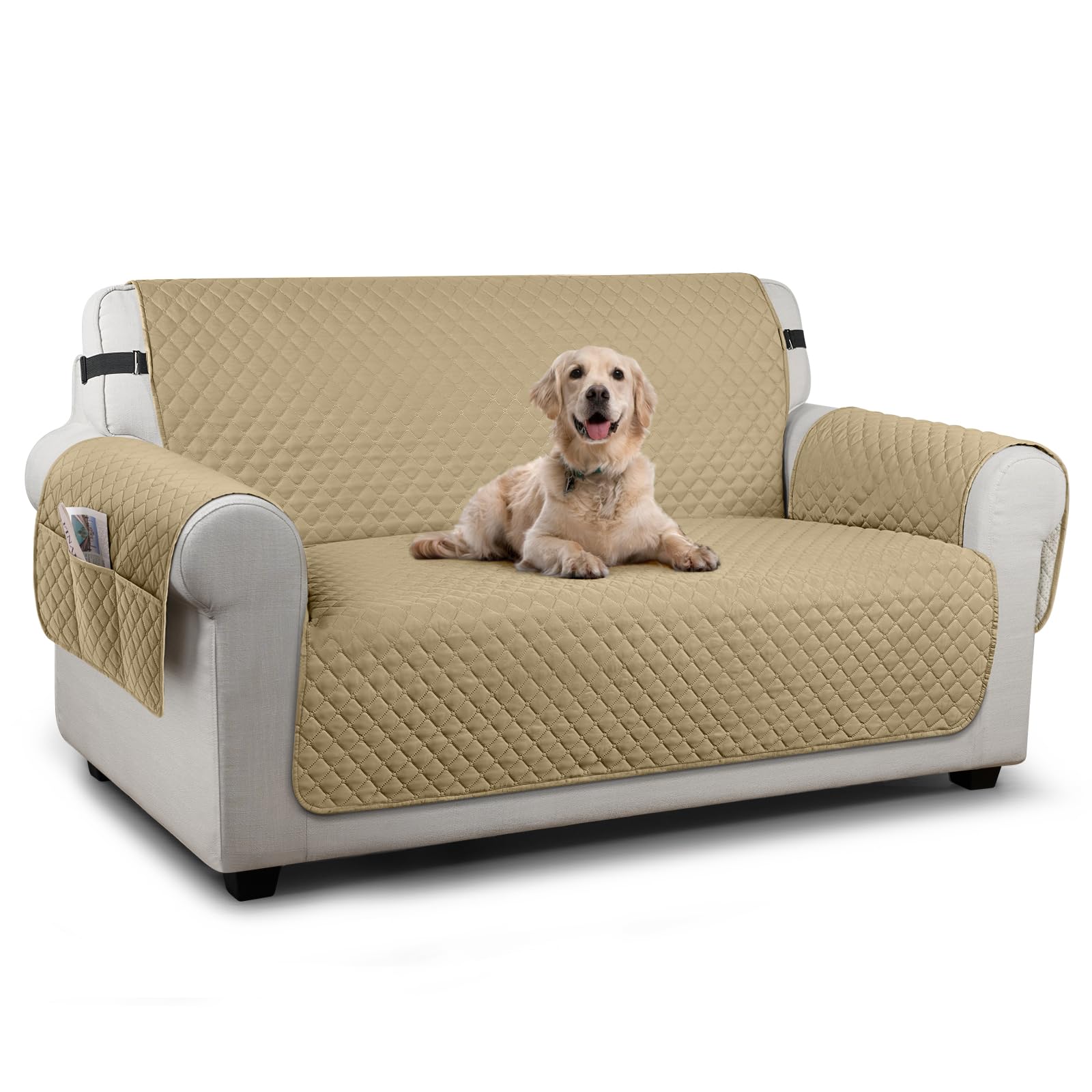TAOCOCO Sofa 2 Seater Cover,Couch Covers with Storage Pockets,Anti Slip Settee Chair Covers,Machine Washable Sofa Protector for Dogs(Sand)