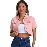 Allegra K Casual Denim Jacket for Women's Turndown Collar Short Sleeves Crop Jean Jackets