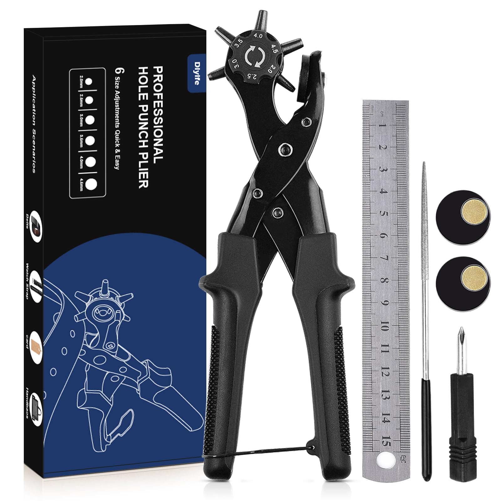 Leather Hole Punch, [Upgraded Version][Perfect Full Set] Diyife Belt Puncher, Heavy Duty Revolving Plier Tool with 3 Extra Plates Ruler Grinding Rod, Multi Sized for Crafts, Card, Rubber (Black)