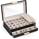 Lolalet Earring Storage Box Case with Glass Top, Large Earring Jewelry Holder Organizer Display with Drawer and Grid，Valentine Gifts for Women - 2 Tiers, Black