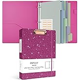 Ospelelf 3 Ring Binder 1 Inch, Vintage Leather Clipboard Binders, Binder Organizer Dividers with Tabs for Letter Size, Professional Office Portfolio, Glitter Pink