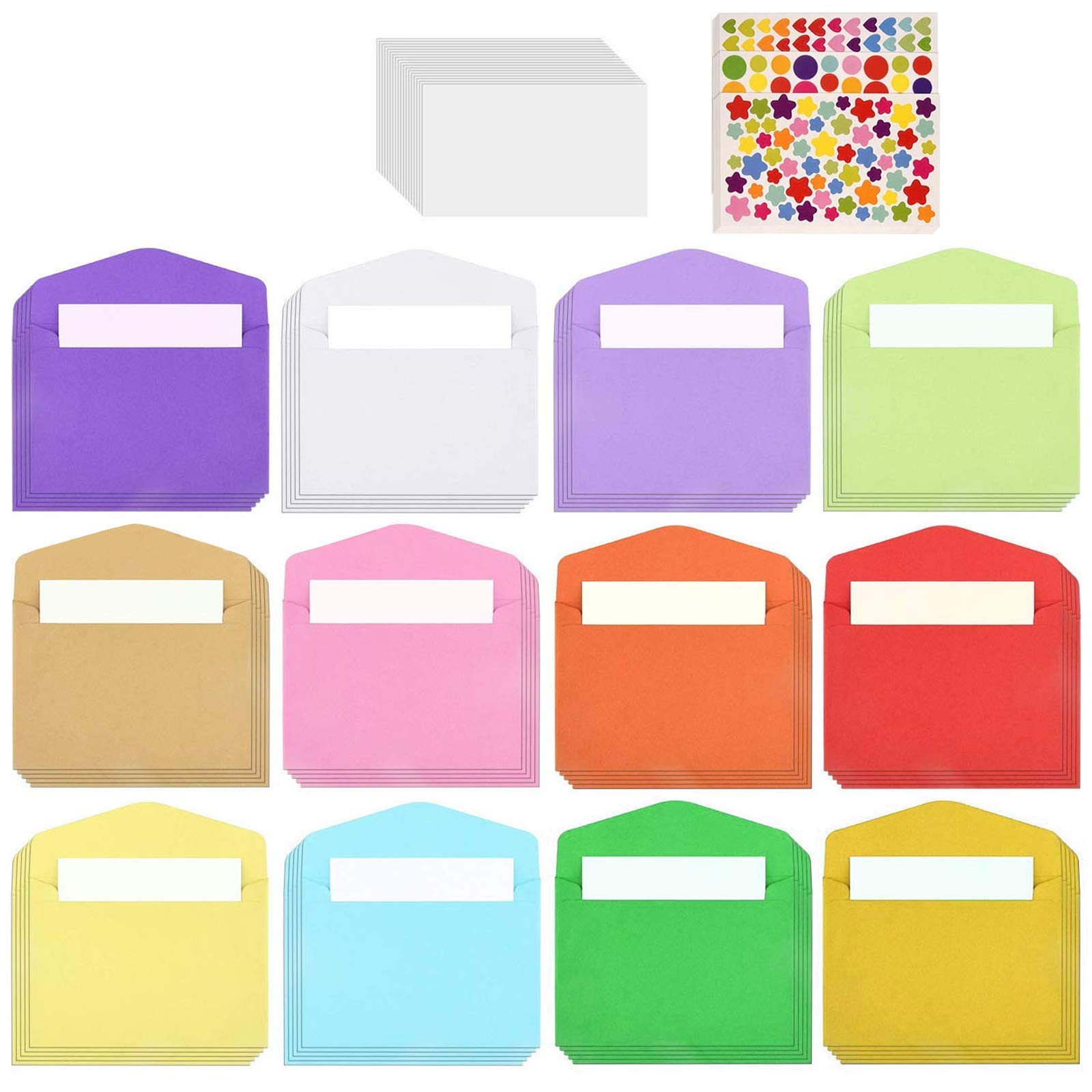 Globaldream Mini Envelope, 72Pcs Mini Envelopes, 100Pcs White Blank Cards and 3 Sheet Stickers for Christmas Valentines Gift Cute Envelope for DIY Wedding Birthday Party