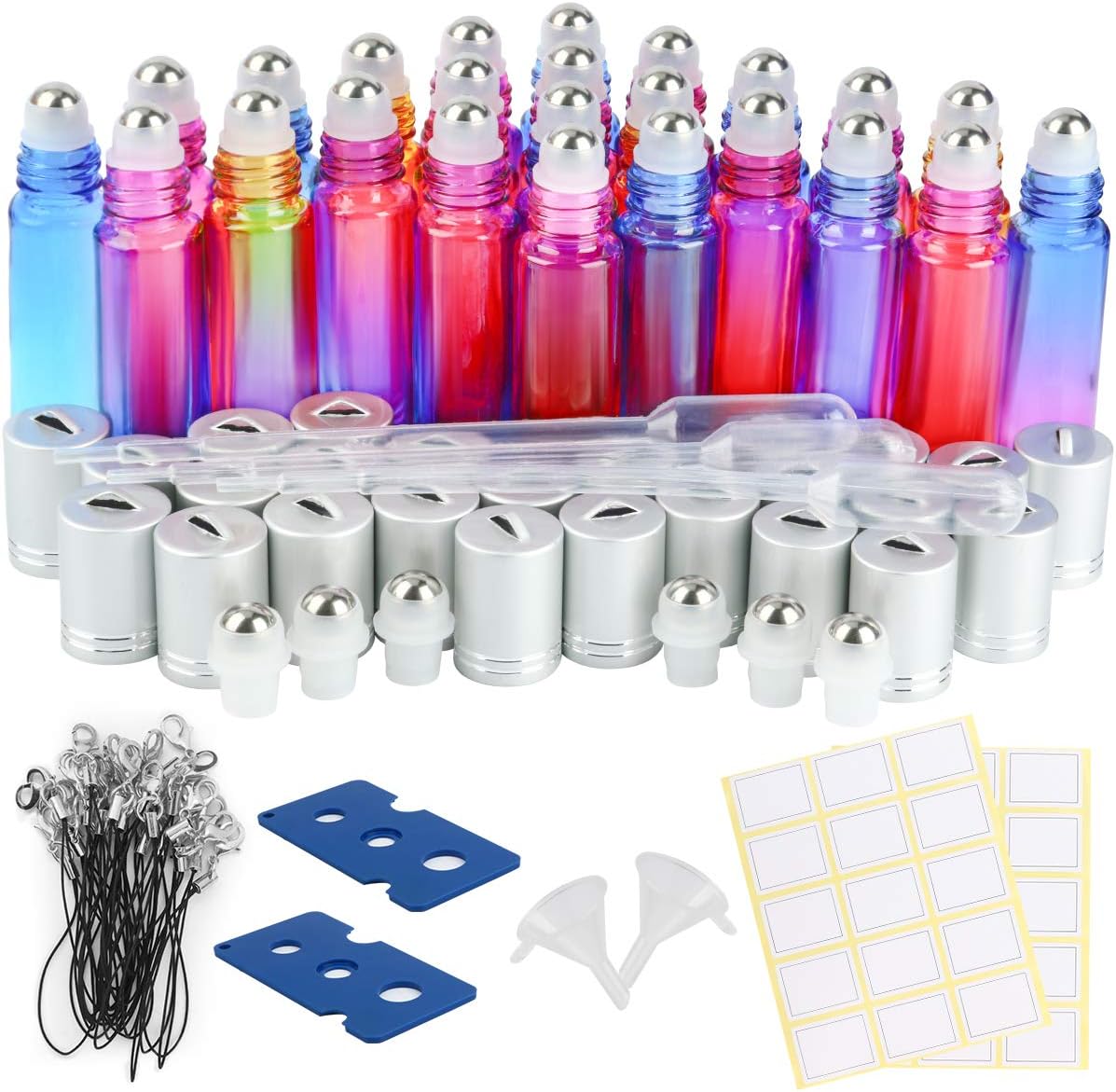 Essential Oil Roller Bottles, ESARORA 24 Pack 10ml Gradient Color Roller Bottles with Stainless Steel Roller Balls and Silver hanging Lids (3 Dropper,2 Funnel,6 Extra Roller Balls,30 labels,2 Opener)