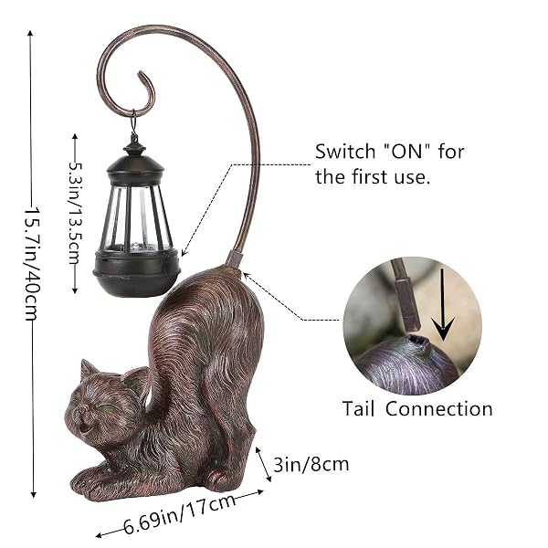HAPYARD SOLAR CAT FIGURINE, 15.7 INCHES TALL LED WATERPROOF ANTIQUE BRONZE RESIN STATUE, AUTO ON/OFF AT DUSK FOR CAT LOVERS OR MEMENTO GIFT OUTDOOR DECOR
