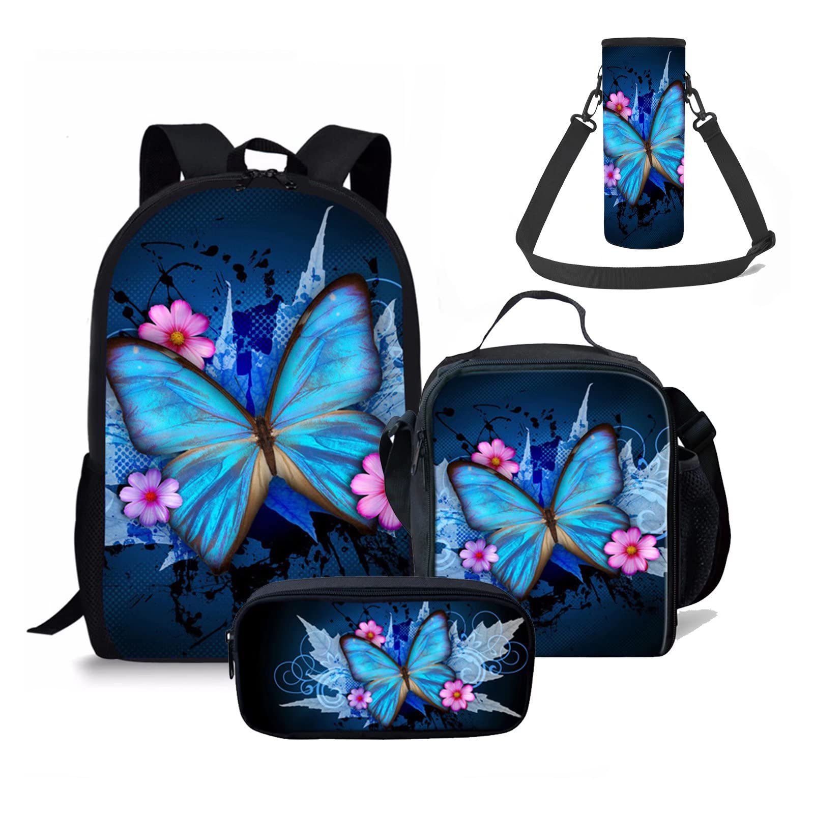 chaqlin Blue Butterfly School Backpack,Teenager Ladies Girls Travel Rucksack+Stationery Bag Pencil Holder+Insulated Lunch Bag+Water Bottle Cover Set of 4 Pack