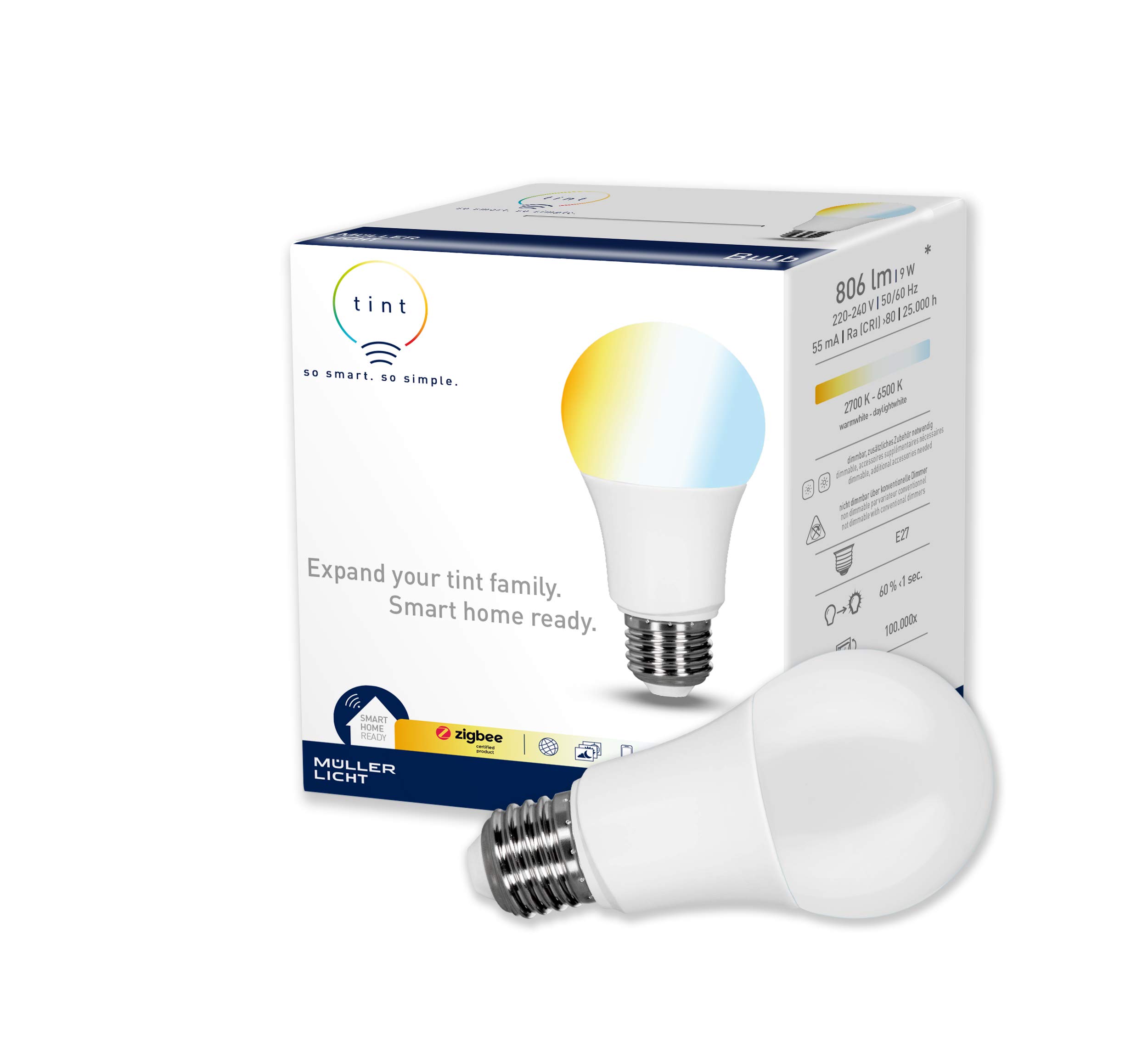 tint Müller-Licht Smart LED Lamp E27 Bulb-Shaped, Plastic, 9 W, White Shades, Plastic, White Tones 2700-6500k, Pack of 1, E27
