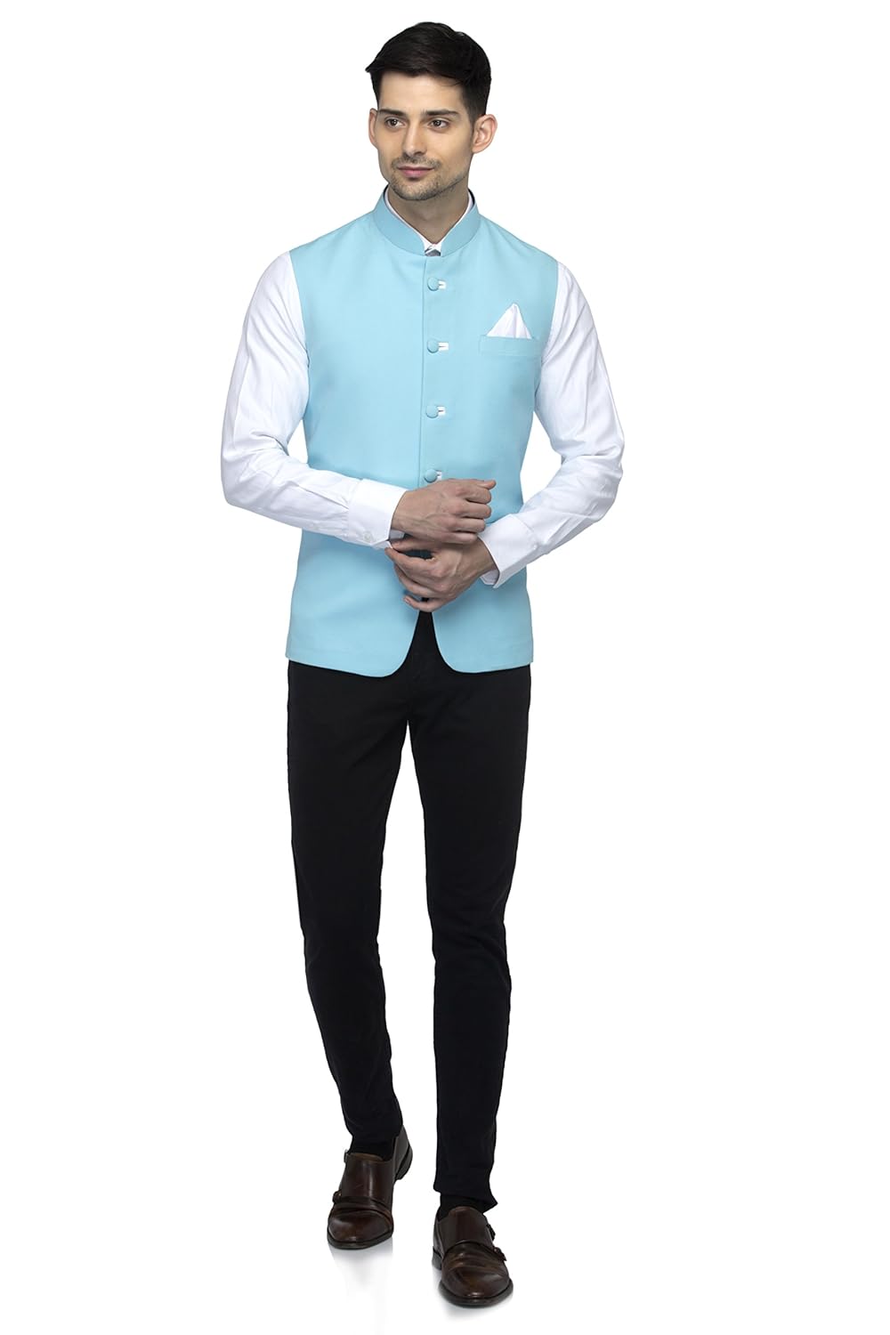 favoroski sleeveless nehru jacket with mandarin collar for men