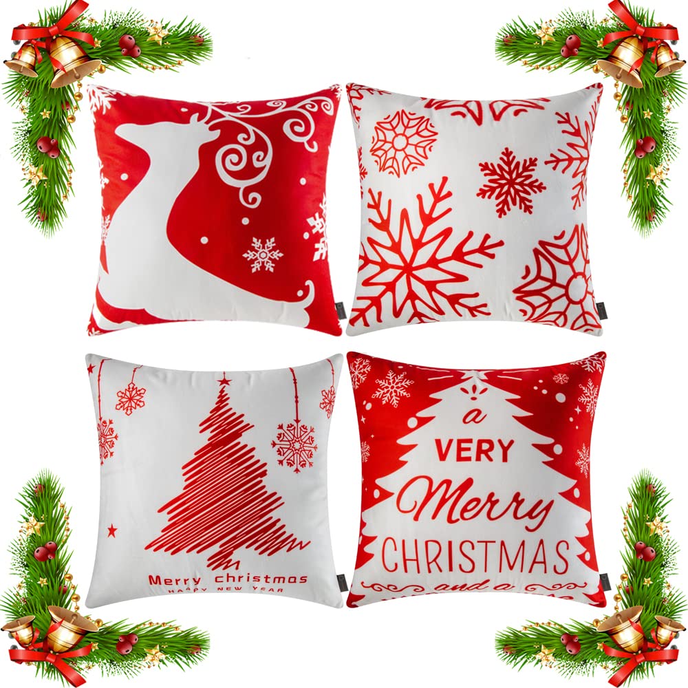 ORANIFUL Christmas Cushion Covers 45 x 45 Set of 4 Red Velvet Holiday Pillow Case for Sofa Couch Bedroom Xmas Decorations Throw Pillowcase 18x18 Inches (4pack-05)
