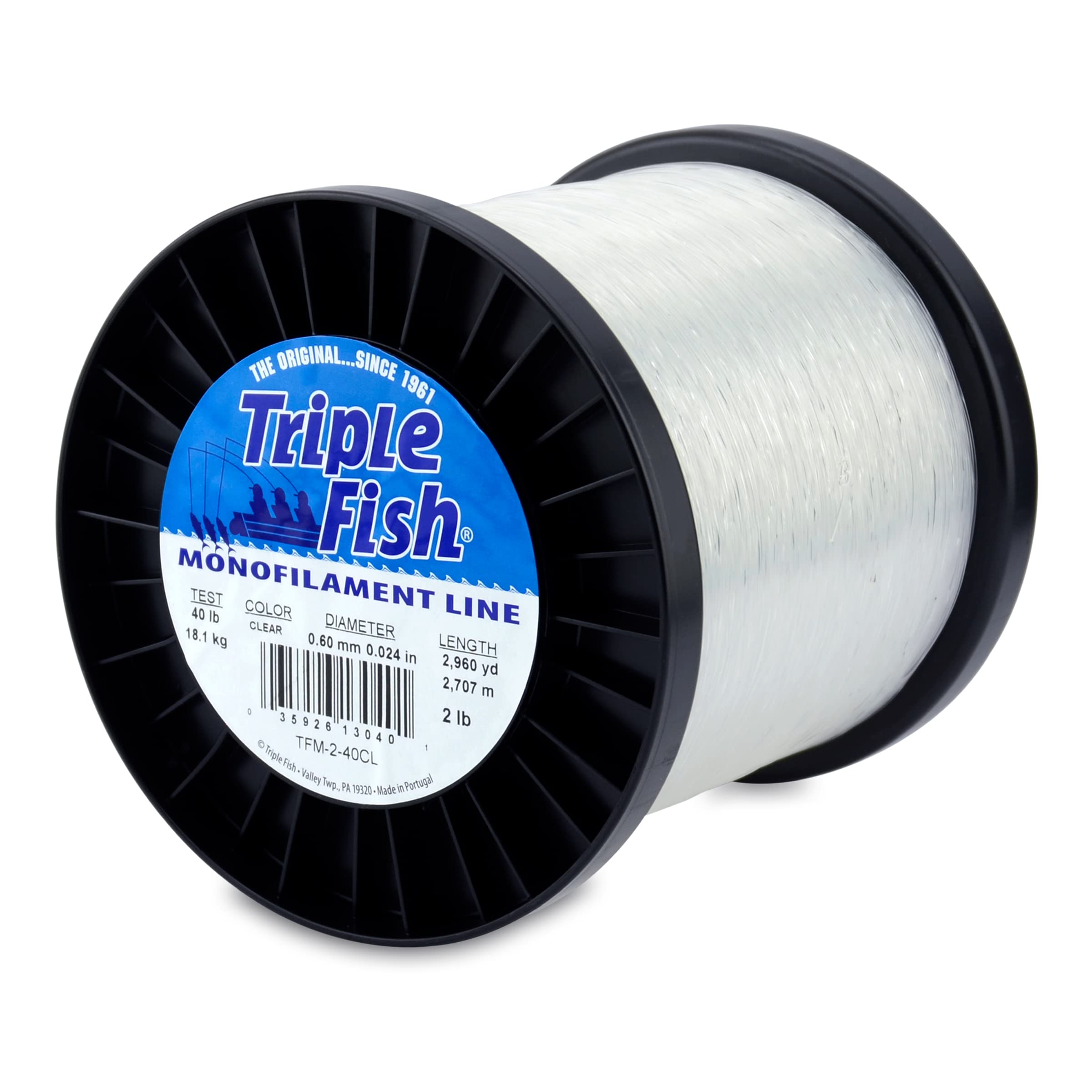 Triple Fish Monofilament Line, 40 lb / 18.1 kg Test, .024 in / 0.60 mm Dia, Clear, 2 lb / 0.91 kg Spool, 2960 yd / 2707 m