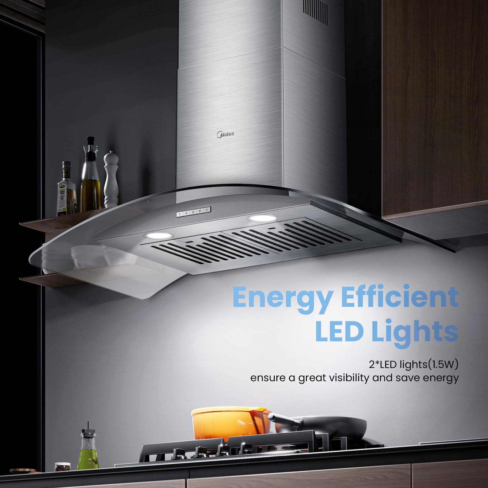 Midea Range Hood 30 Inches Ducted Wall Mount Vent Range Hood with 450 CFM 3 Speed Exhaust Fan, Baffle Filters, Curved Glass, 2 LED Lights, Convertible to Ductless, Stainless Steel