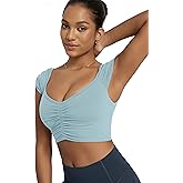 ODODOS Ruched Front Crop Tank for Women V-Neck Cut Out Back Cap Sleeve Cropped Tops