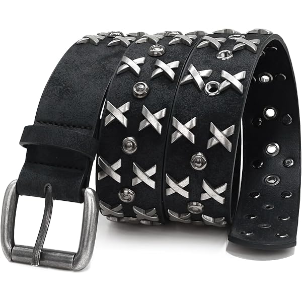 LumiSyne Studded Belt Women Men Black Leather Belt With Silver