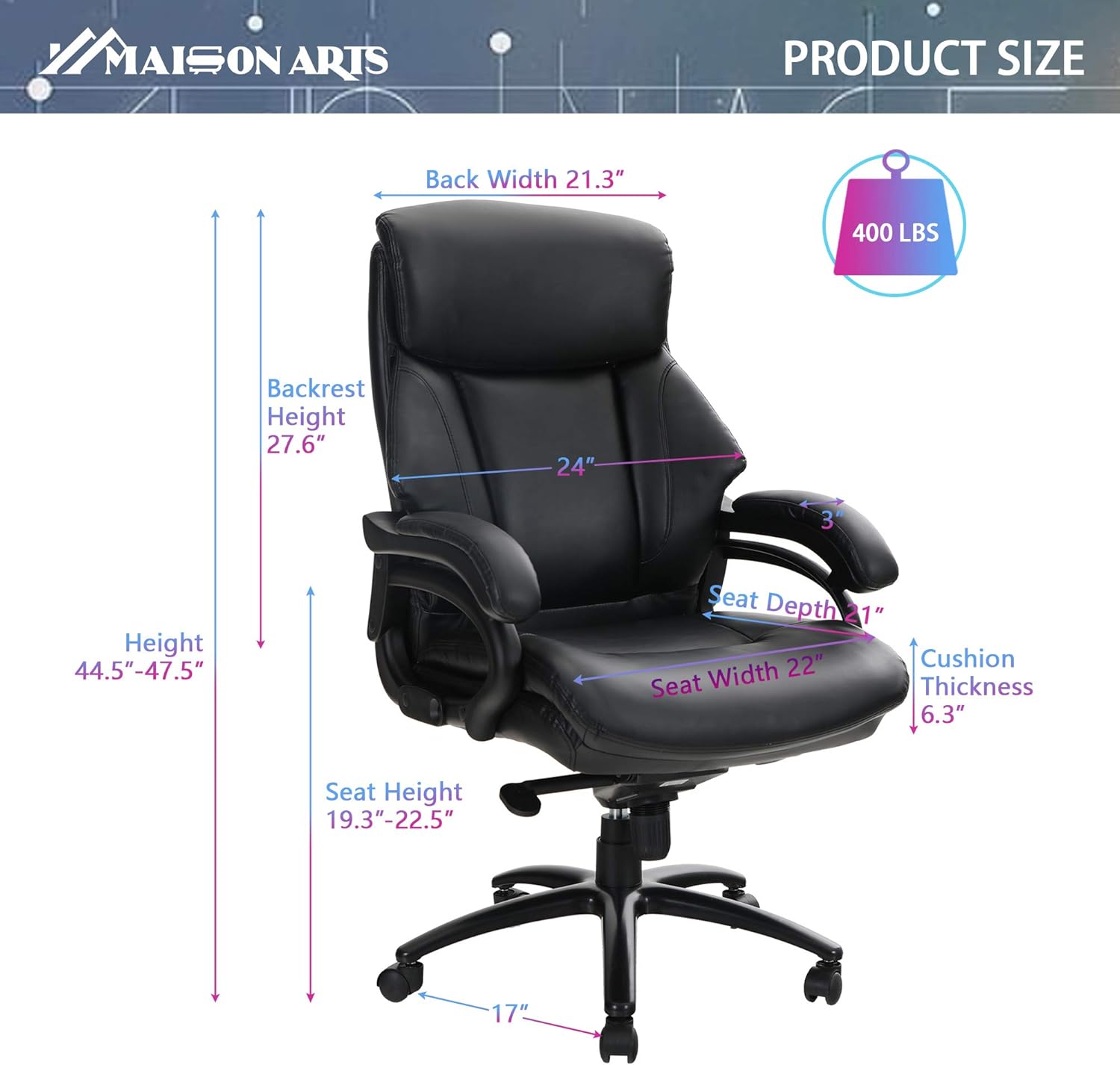 MAISON ARTS Big and Tall Executive Office Chair, Ergonomic High Back Bonded Leather Massage Computer Desk Chair Task Swivel Chair with Rocking Function and Heavy Duty Metal Base for Home Office, 400LB: Kitchen & Dining