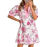 Wenrine Womens Summer Mini Dress Casual Floral Puff Sleeve V Neck Color Block Loose Boho Beach Dresses with Pockets