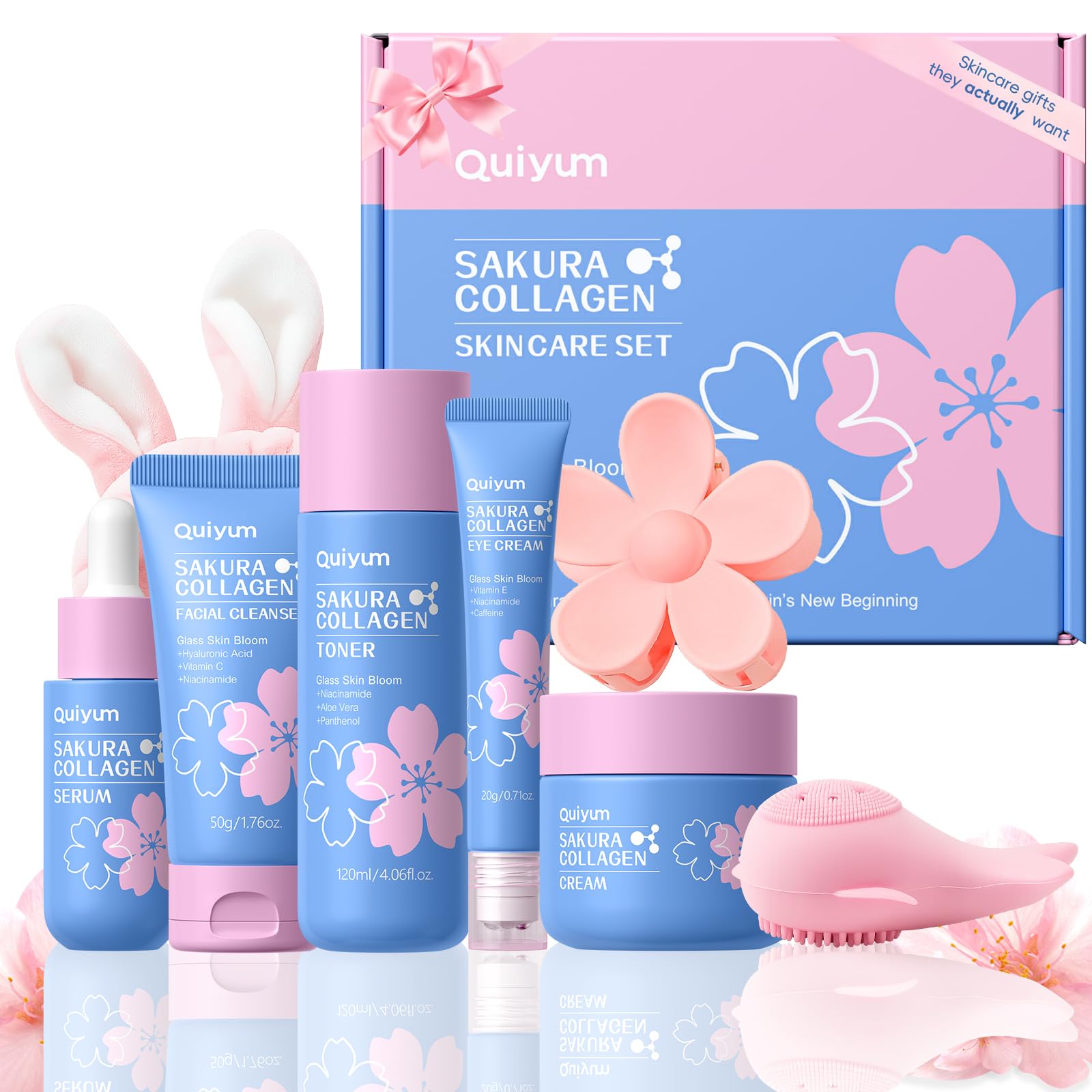 Photo 1 of QUIYUM Sakura Collagen Skincare Set - 8-Piece Glass Skin Routine with Cleanser, Toner, Serum, Eye Cream, Moisturizer | Hydrating, Firming, Glowing for All Skin Types, Skin Care Gift Sets