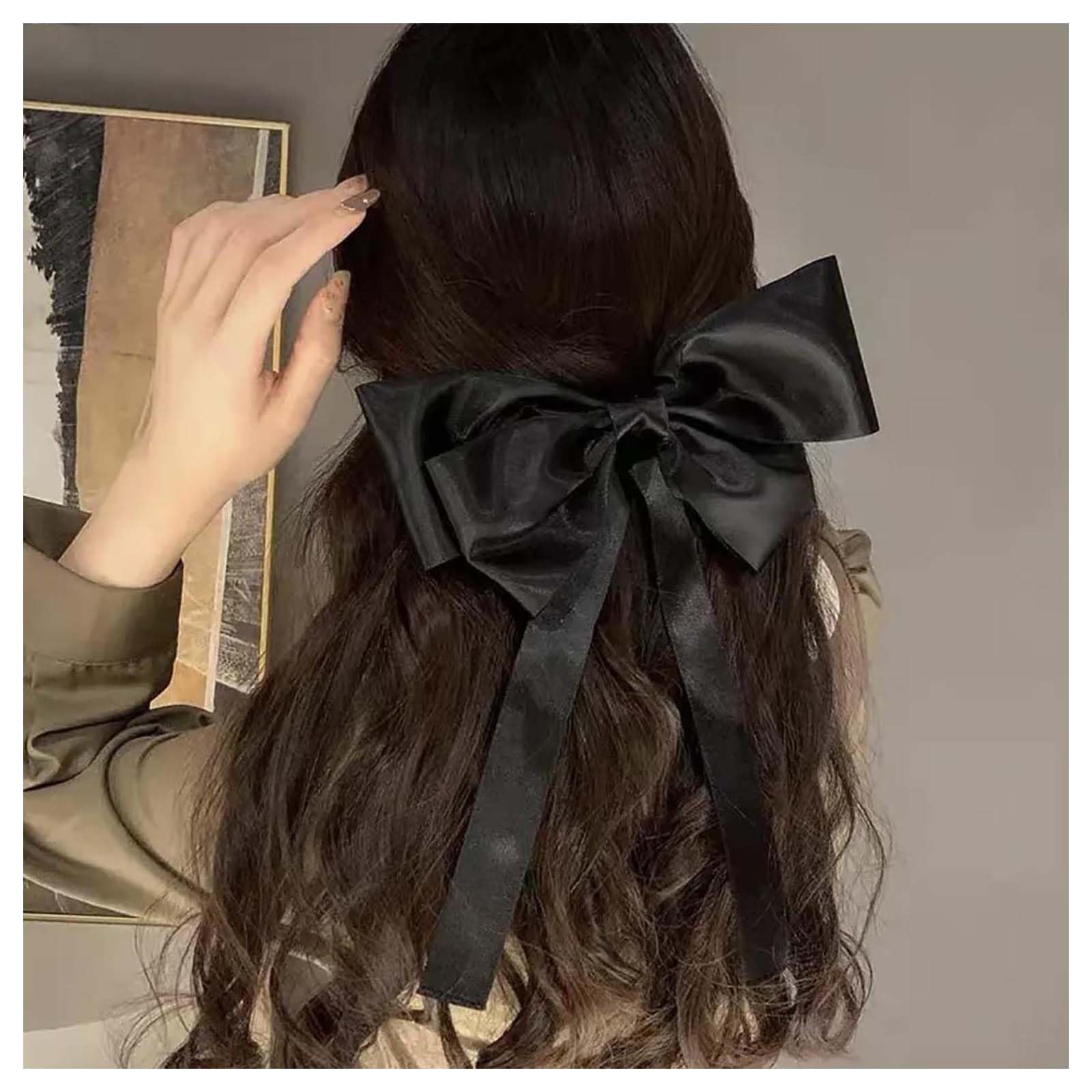 Xduargs Large Bow Hair Clips Vintage Satin Bowknot Hair Barrettes Black Silk Bow Hair Clip Barrette French Bow Knot Hair Barrette Clips Bowknot Clip Headpiece Headdress for Women