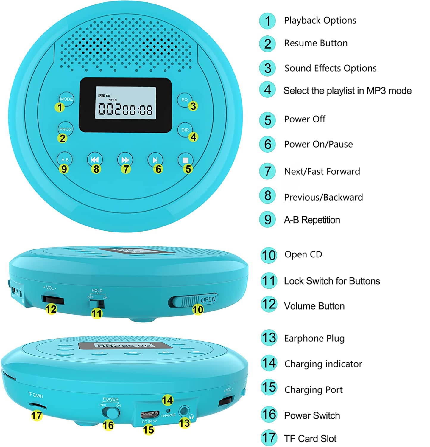 CD Player Portable | Speaker Built-in Rechargeable CD Player for Car and Home, Kids, Anti-Skip Player with Headphones(Cyan-Blue)