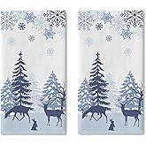 Croar Winter Wonderland Kitchen Dish Towel, Blue Pine Tree Snowflake Reindeer Rabbit Drying Hand Towel Baking Cooking Cloth, Christmas Seasonal Home Decoration 18 x 26 Inches
