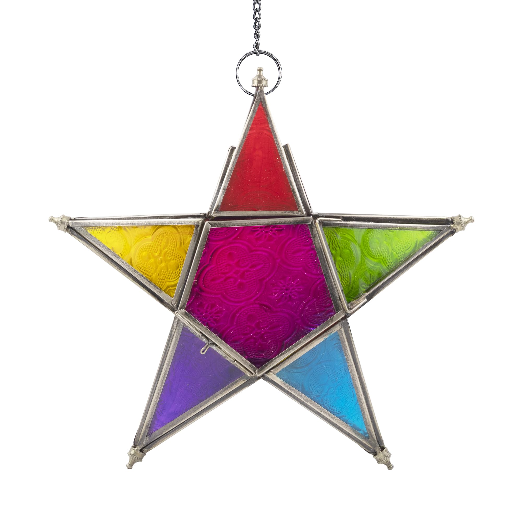 ETHNICITI Star Multicolour 24cm Small Decorative Hanging Handmade Moroccan Vintage Turkish Tonal Glass Lantern Tealight Candle Holder Window Patio Balcony Home Garden Living Room Christmas Diwali Gift