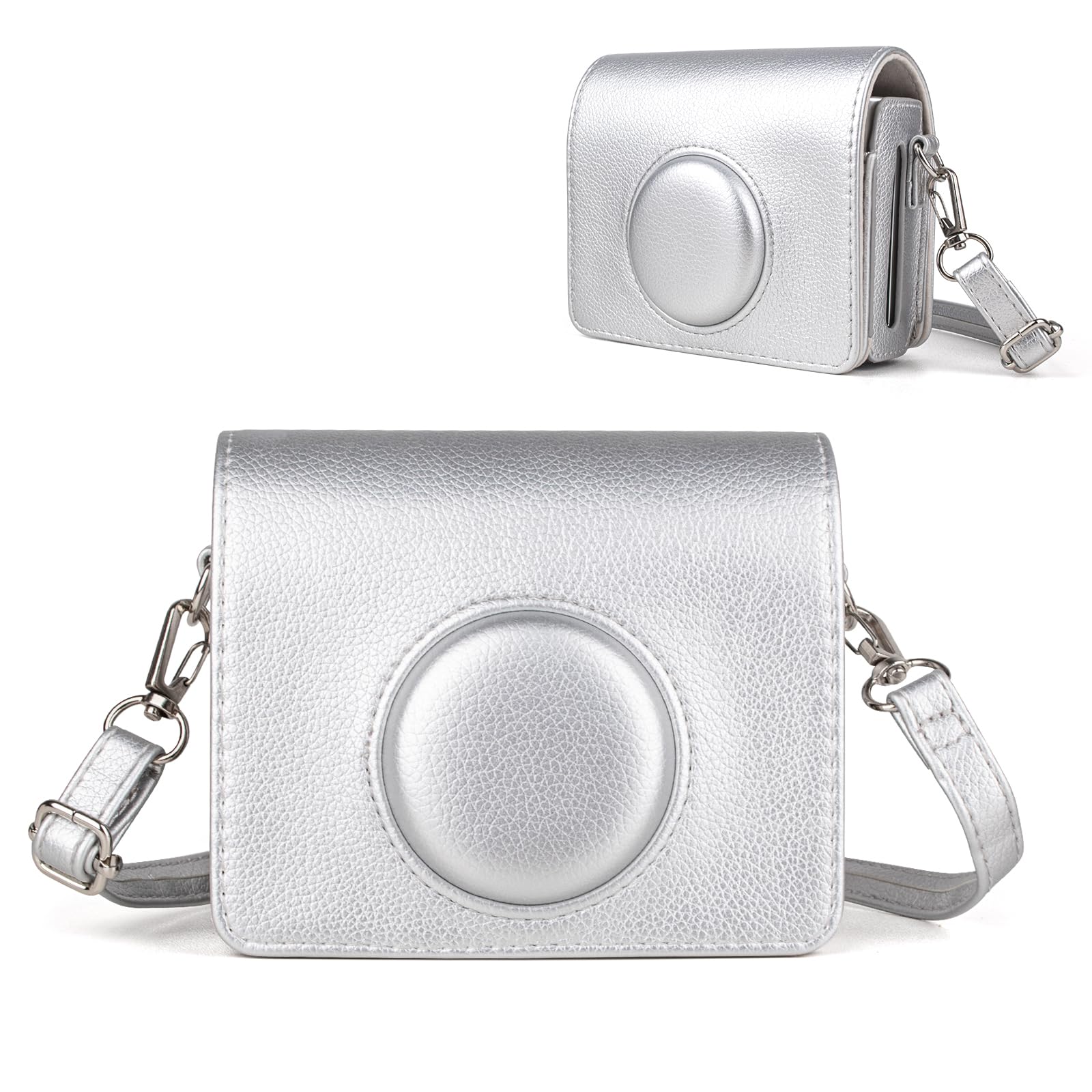 HIYQIN Fuji Mini EVO Case - Classic Leather Case Compatible with Fujifilm Instax Mini EVO - Instax EVO Protective Cover with Adjustable Shoulder Strap - Silver