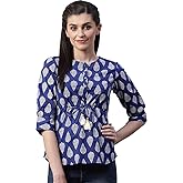 Yash Gallery Women's Cambric Cotton Printed Round Neck 3/4 Sleeve Top for Summer