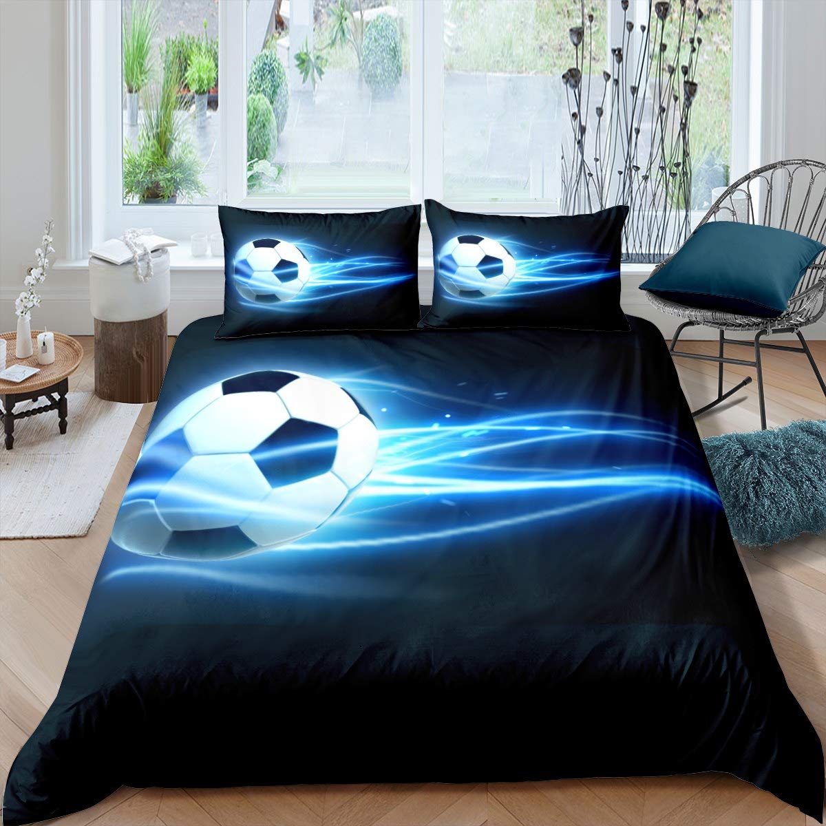 Boys Football Duvet Cover Blue Flame Soccer Bedding Set for Kids Children Teens 3D Football Comforter Cover Sports Bedspread Cover 3Pcs Bedding King