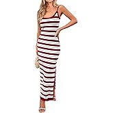 MASCOMODA Women 2025 Spaghetti Strap Striped Bodycon Maxi Dress Summer Sleeveless Knit Fitted Beach Long Sundress with Slit