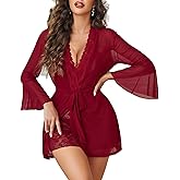 Avidlove Women Sexy Lingerie Set 3 Piece Mesh Kimono Robe with Lace Babydoll Sleepwear Halter Lingerie Nightgown