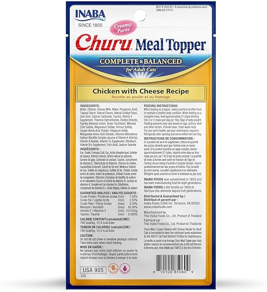 INABA CHURU MEAL TOPPER FOR CATS, COMPLETE & BALANCED, CREAMY, LICKABLE PURÉE CAT FOOD TOPPER, 0.5 OUNCE TUBE, 4 TUBES (4 PER PACK), CHICKEN WITH CHEESE RECIPE