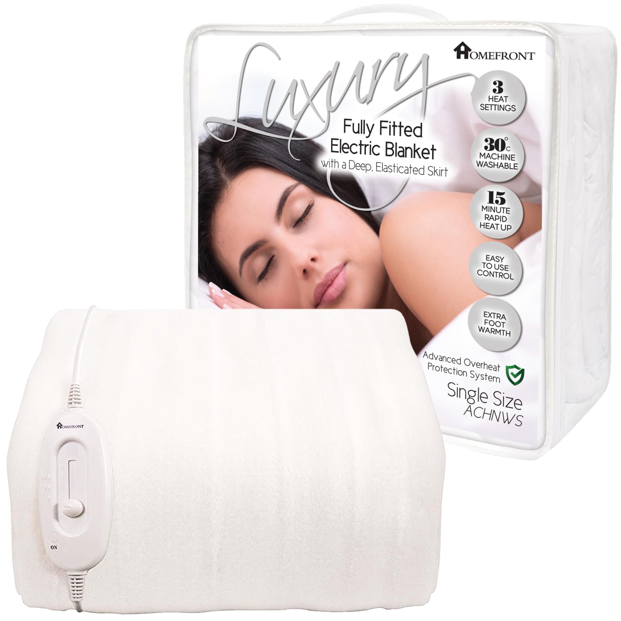 Homefront Electric Blanket Single Bed Size 200 x 107 x 40cm, Fitted Heated Mattress Cover Underblanket, Elasticated Skirt, Fast Heat Up, Machine Washable, Safe for All Night Use