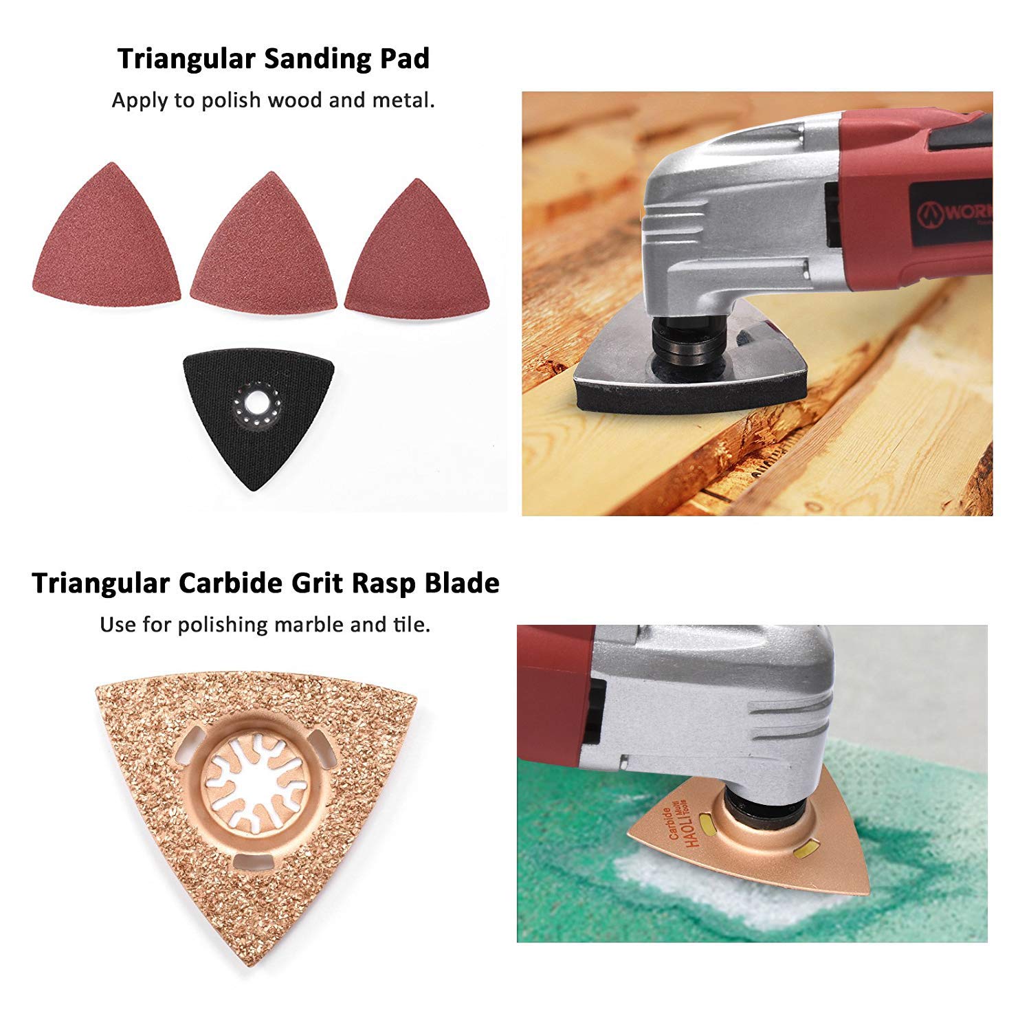 WORKSITE DMT122 Oscillating Multi-Tool with Carbide Grout Blade, Half Moon Saw Blade, Triangular Carbide Grit Rasp Blade, Rigid Scraper Blade, Triangular Sanding Pad for Shoveling, Sanding, Cutting