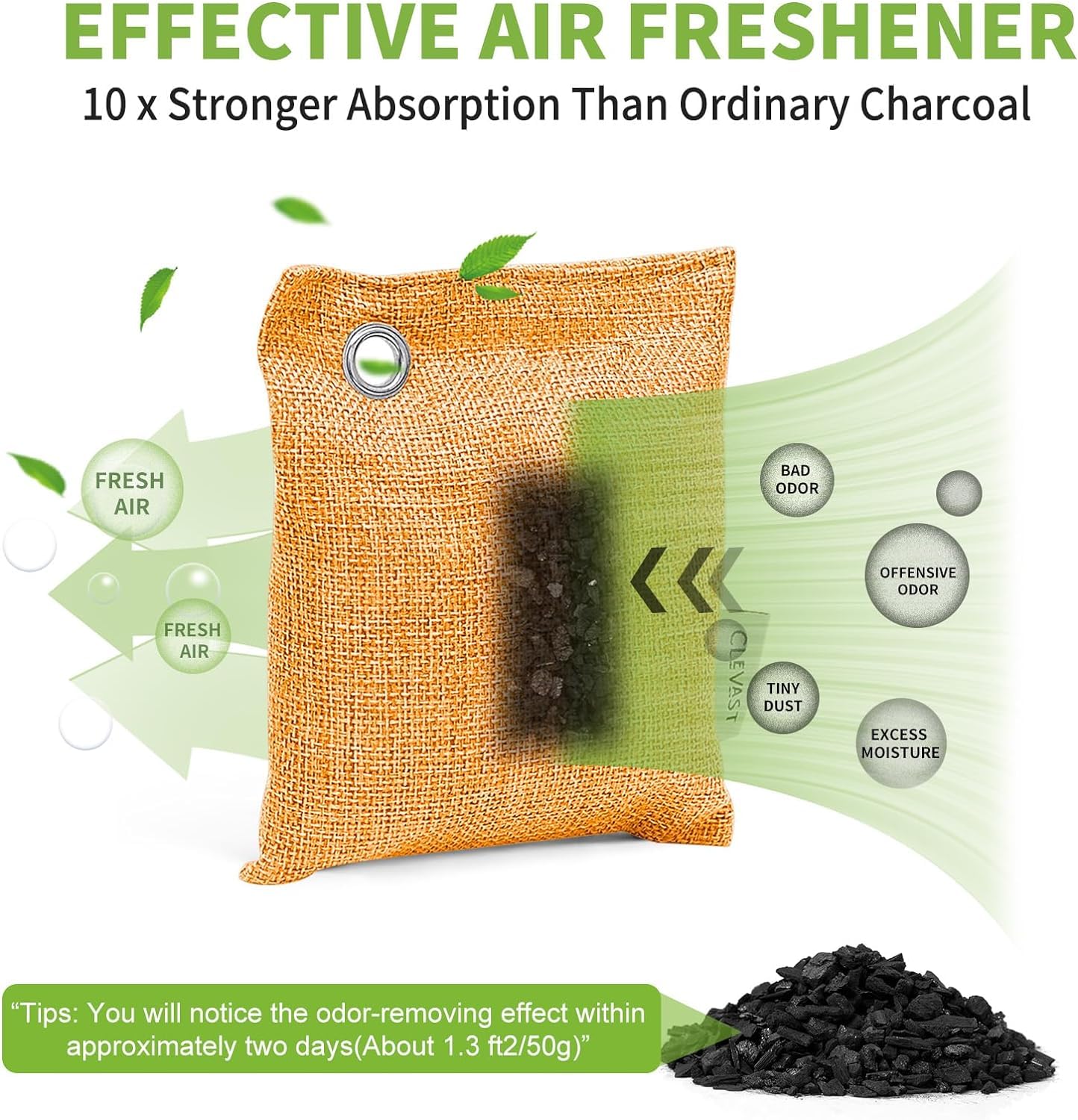 CLEVAST 16 Pack Activated Bamboo Charcoal Air Purifying Bags(8x100g, 8x50g), Natural Fresh Odor Absorber, Deodorizer and Moisture Eliminator, Air Purifier Bags for Home, Closet, Car Air freshener