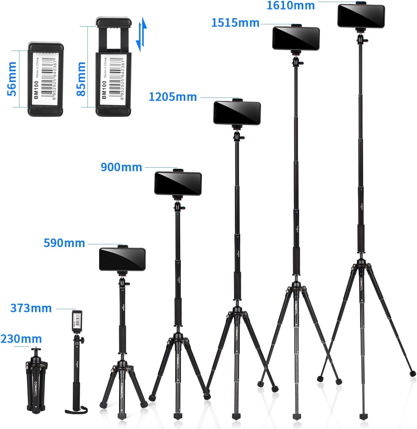 63" Tripod, COMAN Premium Phone Tripod, Portable All-in-One Professional Camera Tripod, Lightweight Aluminum, Bluetooth Remote for iPhone & Android Devices, Non Skid Tripod Feet: Camera & Photo