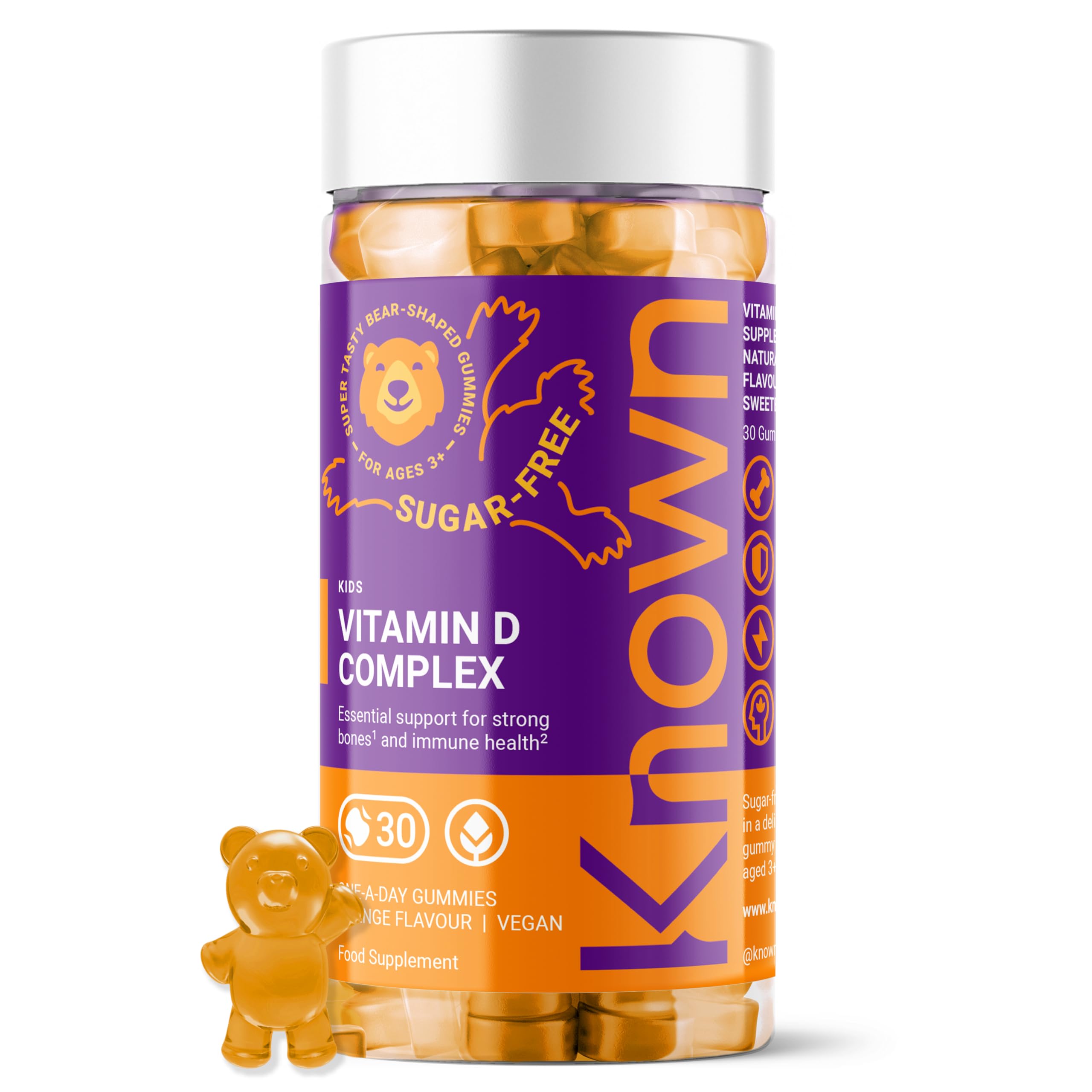 Known Kids Vitamin D Complex Gummies - Sugar-Free, Vitamin D3, B - Immunity & Energy - Natural Orange Flavour - 30 Vegan Gummies, 1 Month Supply
