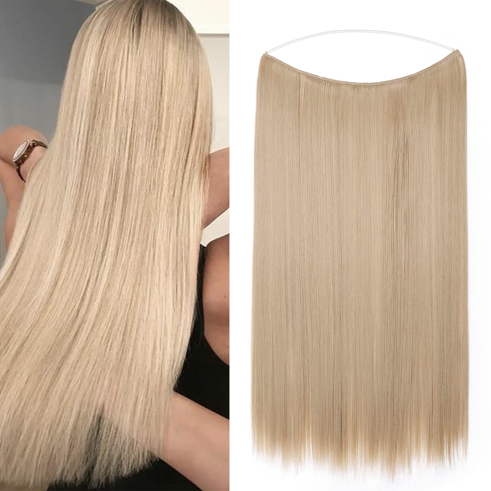 Secret Headband Wire in Natural Hair Extensions Rubber Band Straight Curly Wavy Hairpieces Brown Blonde Ombre for Women 20" Straight - Ash blonde