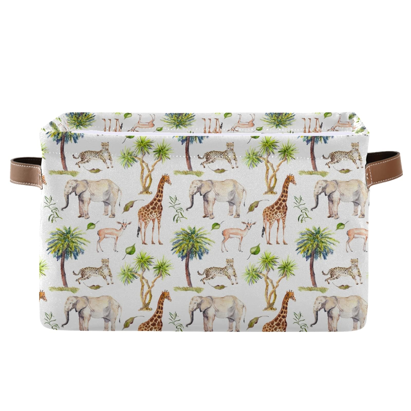 Mnsruu Large Foldable Storage Basket with Handles, Animal Elephant Giraffe Fabric Collapsible Storage Bins Organizer Bag for Baby Storage Toy Storage 15 x 11 x 9.5 inch