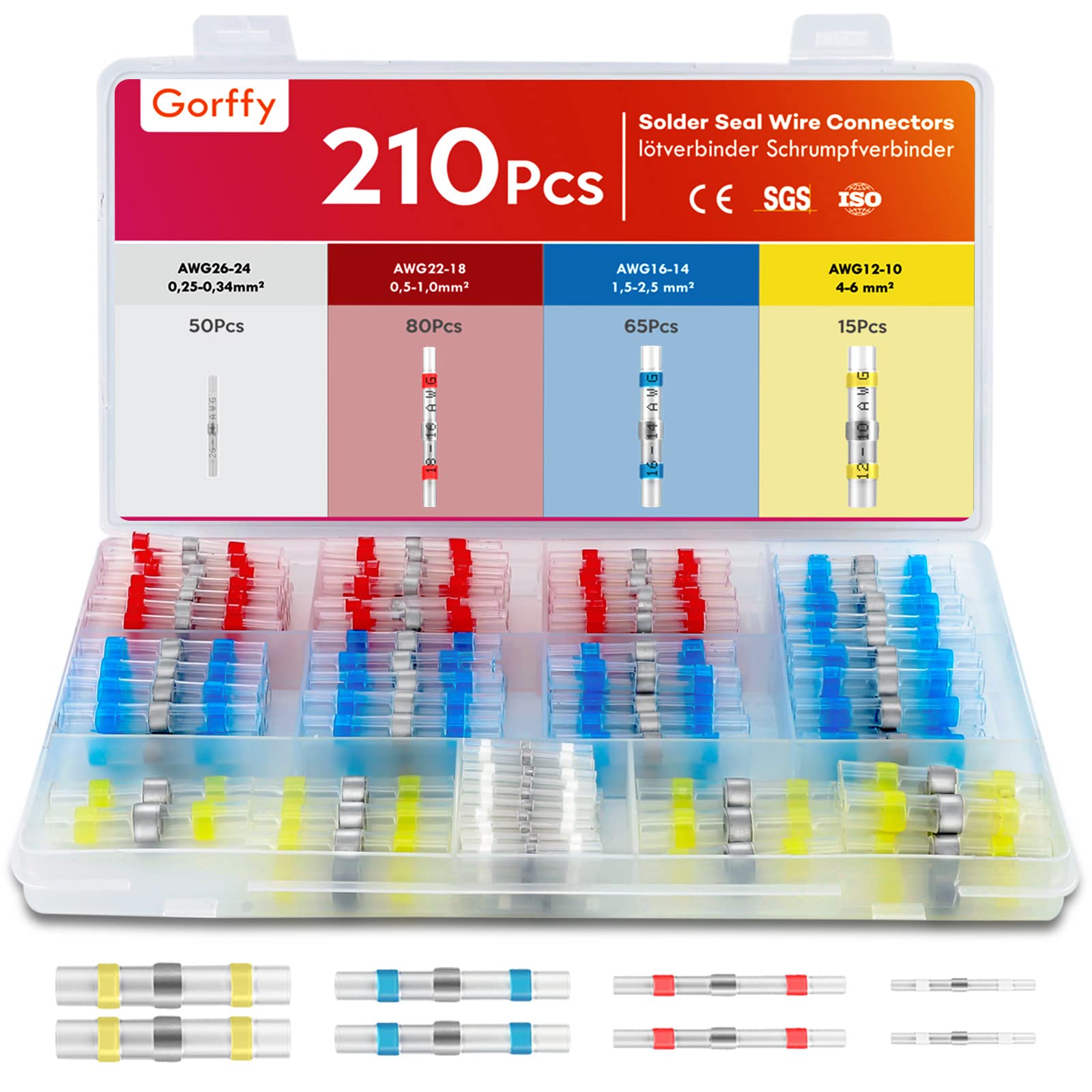 Gorffy Solder Seal Wire Connectors 210 Pcs, Automotive Electrical Connectors, Waterproof Heat Shrink Connector, Electric Shrink Wrap for Wires Cable Joint
