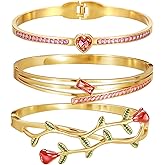 hotoo Rose Floral Stackable Bangle Sets For Women - 18K Gold Plated Stainless Steel Bangle Bracelets Sets Red Heart Gold Bangle Set For Christmas Mother's Day Trendy Jewelry Gifts