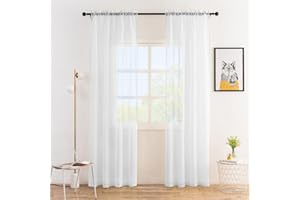 Anjee Pure White Sheer Curtain 63 inch Length Rod Pocket Faux Linen Textured Voile Panels Semi Sheer Window Treatment for Girls Bedroom Kitchen Bathroom