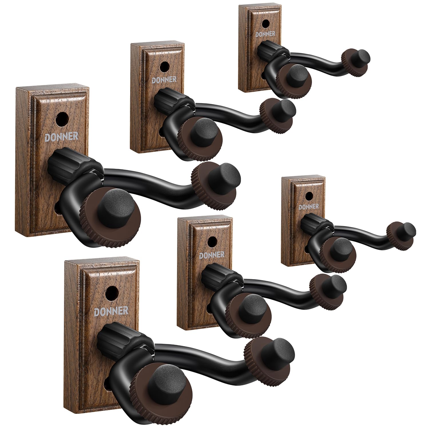 Donner Guitar Wall Mount Black Walnut Guitar Wall Hangers for Acoustic, Electric, Bass, Ukulele, Violin, Mandolin, Banjo, Guitar Wall Holder 6 Pack