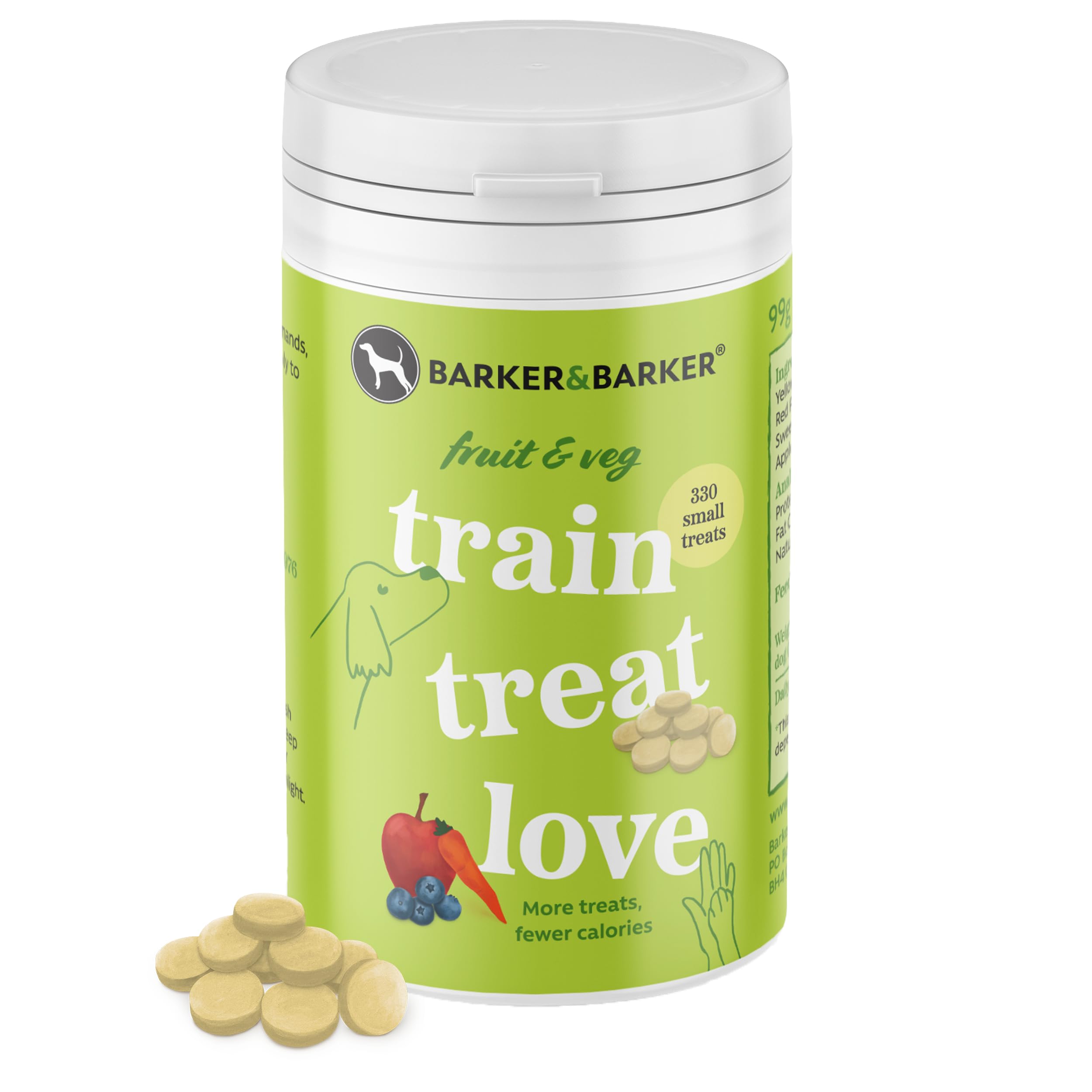 Barker and Barker Grain Free Dog Training Treats (Fruit & Veg) - 330 Small Tasty & Healthy Treats Pot - Low Calorie, High in Fibre & B Vitamins - 100% Human-Grade Ingredients for Puppies & Small Dogs