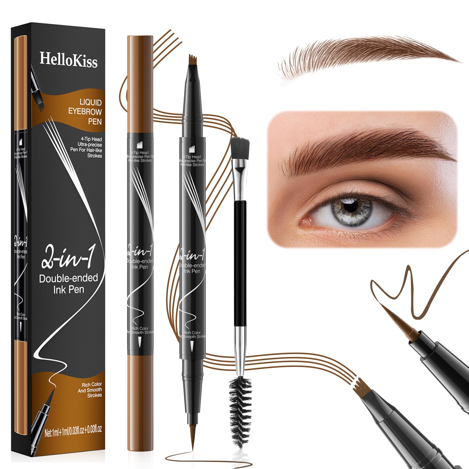 2 in 1 Waterproof Microblading Eyebrow Pen - Double Ended Magic Precise Eyebrow Pen Microblade Effect Eyebrow Pencil Brow Contouring Pen (Light Brown)