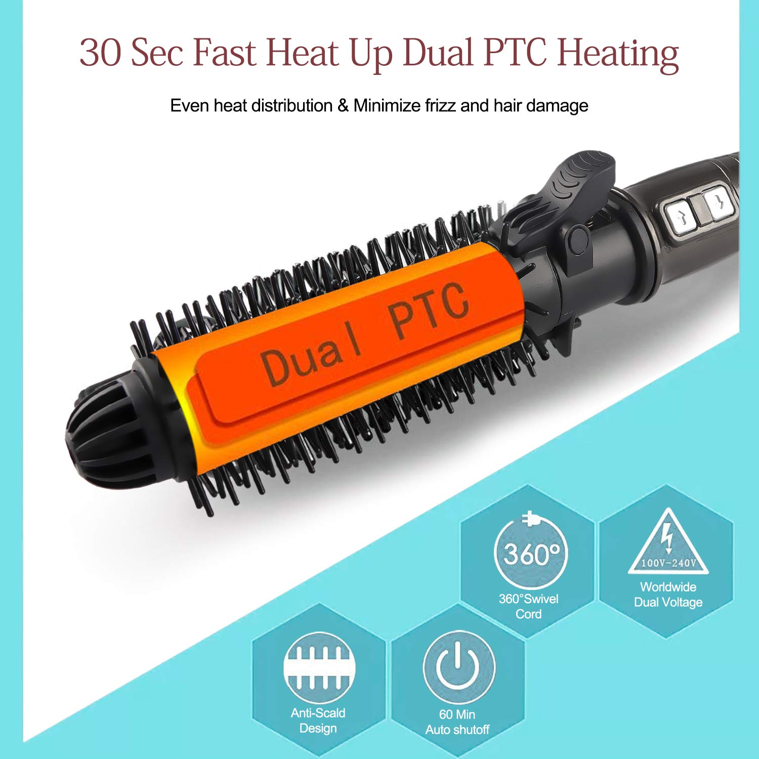 HISOON Professional Curling Iron Brush, 1.25 inch Automatic Curling Iron 2 in 1 Dual Voltage Ceramic Tourmaline Hair Curler Hot Brush, Anti-Scald Instant Heat Up Curling Wands Black