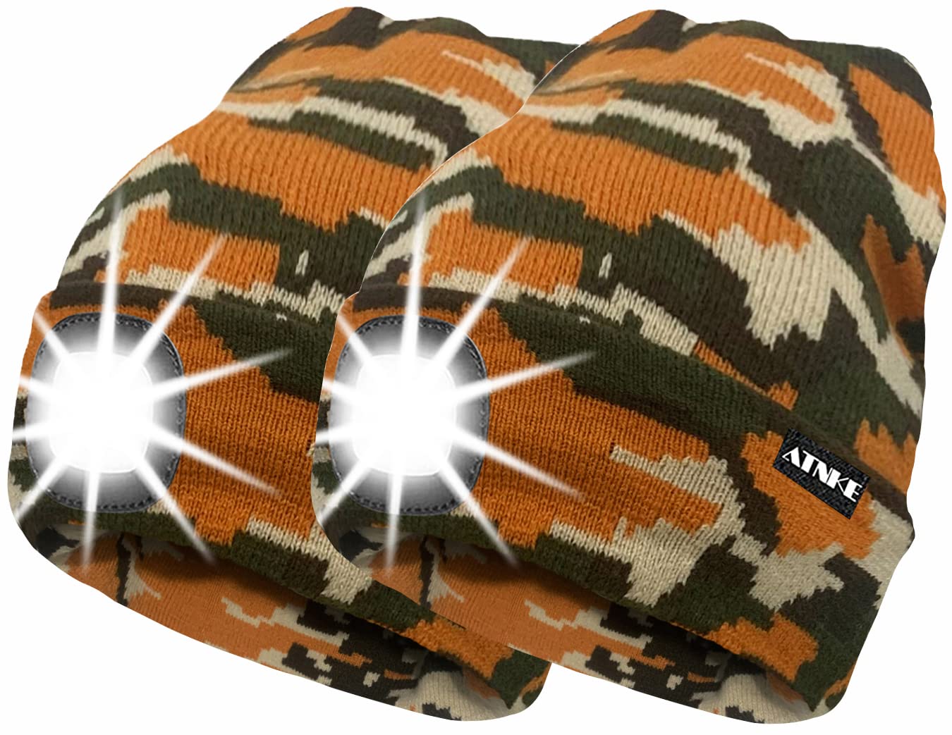 ATNKE 2Pcs New Warm LED Lighted Beanie Cap Unisex USB Rechargeable Running Hat Ultra Bright 4 LED Waterproof Light Lamp Multi-Color/Camouflage Yellow — image 1