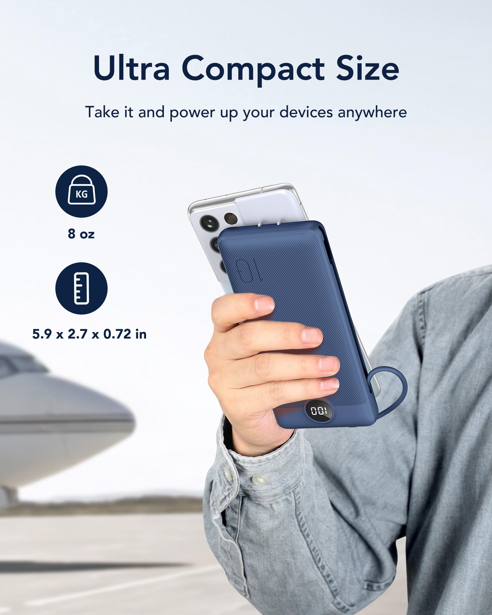 VEGER Portable Charger with Built-in AC Plug and Cables, All in One 10000mAh Ultra Slim Power Bank Travel Essentials, 15W Fast Charging Battery Pack Compatible with iPhone, Samsung, Android (Navy)