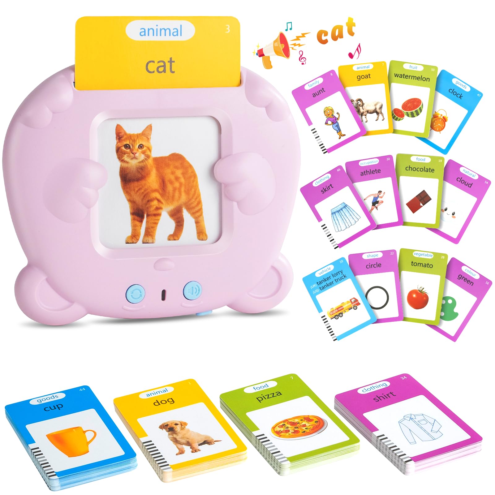 British English, Talking Flash Cards Learning Toys for Toddlers 1-6 Year Old, 224 Words, Audible Educational Toys, Preschool Learning Resource Electronic Interactive Toy Birthday Gifts for Kids-Pink — image 1